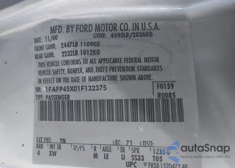 2001 Ford Mustang Gt из США, поврежденный, VIN 1FAFP45X01F132375